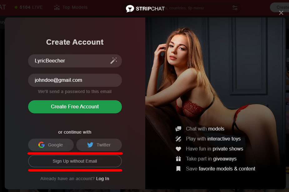 Métodos alternativos de registro de StripChat