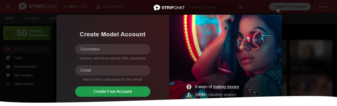Crea un account modello su StripChat