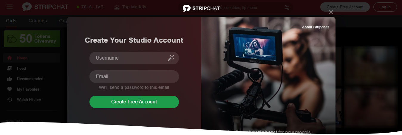 StripChat criar conta de estúdio