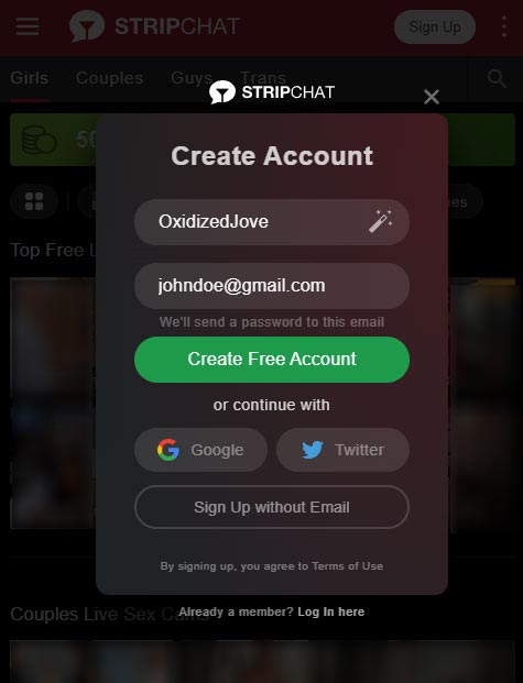 Formulario de registro móvil de StripChat