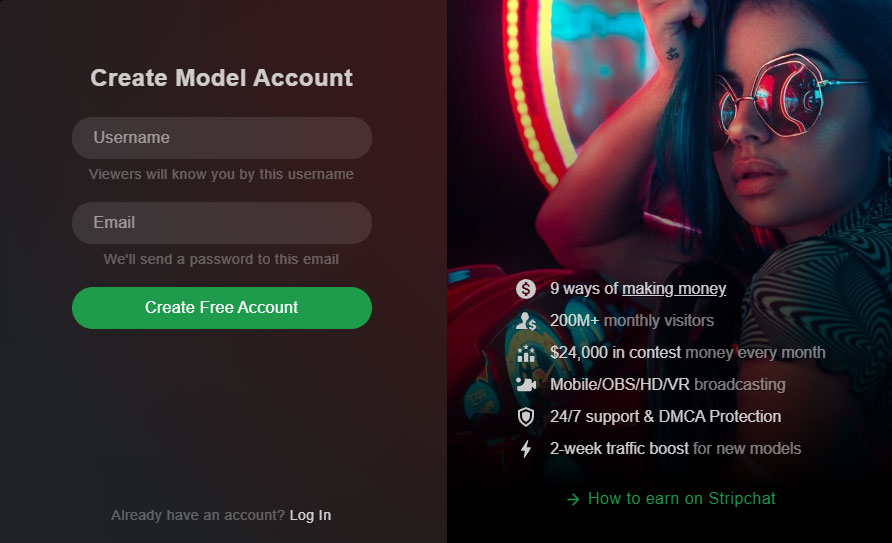 Registrazione account modello su StripChat